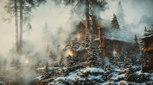 A Cabin In The Woods Surrounded By Snow And Trees With A Lot Of Smoke Coming Out Of The Cabin, Generative AI