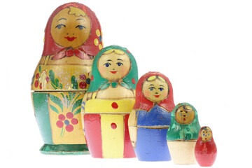 old Matryoshka dolls set isolated on white background