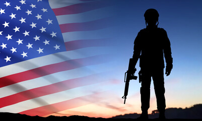 Wall Mural - Silhouette of soldier on a background of sunset and USA flag. Greeting card for Veterans Day, Memorial Day, Independence Day.