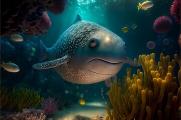 Fototapete - Big spotted fish on the background of blue ocean coral algae and sea urchins.Underwater world flora and fauna cartoon bright background.AI generated.