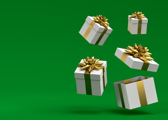 Gift boxes with ribbon and bow for Merry Christmas flying and falling on green