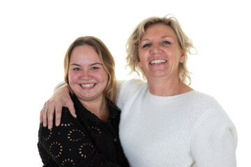 Wall Mural - Mature mother and adult daughter laughing smiling together family concept in isolated cutout PNG on transparent background