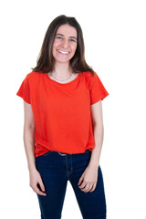 Wall Mural - portrait american of young woman isolated cutout PNG on transparent background in jeans and red shirt student girl