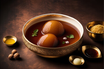 Indian sweet Gulab jamun or Gulab jam is made from khoya or Khova and Sugar, serve on various auspicious occasions. Generative AI