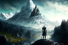 A Witcher Stands In Front Of An Epic Foggy Landscape With A Huge Mountain With A Castle In The Background, Generative Ai