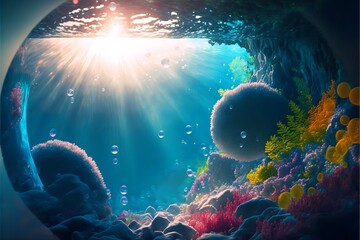 Fototapete - Underwater landscape with diverse vegetation, algae, corals, air bubbles with a bright glare from the sun.Colorful seascape with sun rays Generated by ai.