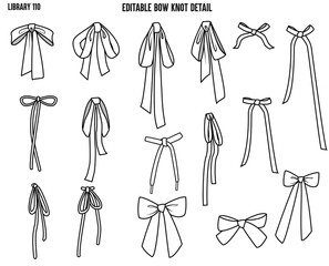 SET OF BOW KNOTS AND DRAWSTRING TIE UPS USED FOR WAIT BAND AND BACK TIE UPS DESIGNED FOR GARMENTS DRESSES TOPS AND APPARELS IN EDITABLE VECTOR 