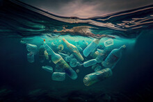 Multiple Plastic Bottles Floating On The Ocean Having Been Discarded Damaging The Ecosystem. Generative Ai