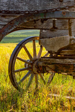 Abstract Angle Of An Old Wooden Wagon Sitting In A Field Backlit By The Sunlight; Waterton Lakes National Park Area, Alberta, Canada