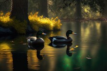 Trees In The Background Of A Photo Of Two Ducks Swimming In A Lake Generative AI