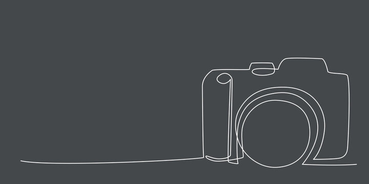 Decoration continuous line hand drawing photo camera for wedding photo book, invitations. Vector stock illustration minimalism design isolated on black background. Editable stroke single line. 
