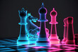 A chess board with pink and blue neon light chess pieces, futuristic chess, generative ai