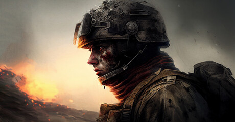 Soldier portrait in uniform on battlefield. Generative AI illustration