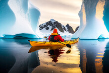 Calm Drifting On Water Among Ice Of Snow And Rocks Winter Kayaking In Antarctica