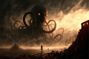 Lovecraftian Octopus monster fantasy horror concept art illustration, 