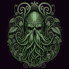  Cthulhu gothic engraving tattoo illustration, Generative AI 