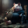 A fat pig sits on money in a bank vault. AI generated