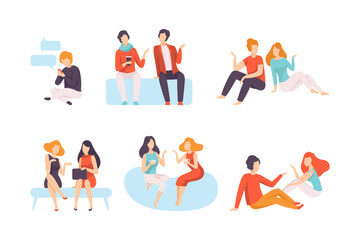 Canvas Print - Communicating people set. Friends or colleagues talking to each other. People meeting and chatting flat vector illustration