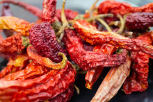 Dried Red And Orange Chilli Peppers, Soft Focus Close Up