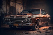 An Old Rusty Car Is Parked In A Garage With A Broken Window And Rusted Paint On The Hood. Generative AI