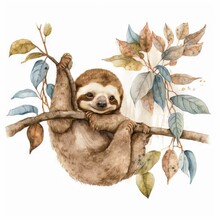  A Watercolor Painting Of A Sloth Hanging On A Branch With Leaves And Branches Around It. Generative Ai