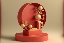  A Red Sculpture With Gold Balls And Flowers On It's Base And A Gold Ball On Top Of It. Generative AI