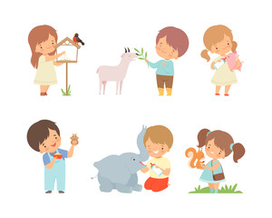 Sticker - Set of cute kids feeding baby animals. Little boys and girls caring of bullfinch, goat, piglet, hamster, elephant, squirrel cartoon vector illustration