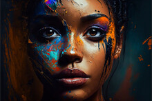 Painting Of A Pretty Young African American Woman With Black Paint And Colorful Paint On Her Face. Created With Generative AI.