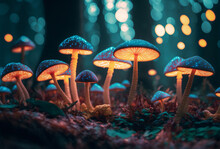 Glowing Mushrooms In A Forest. Created With Generative AI.