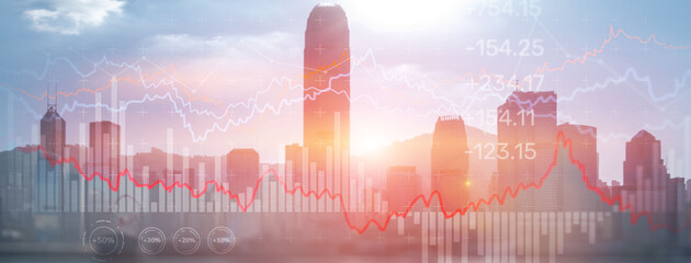 Wall Mural - Double exposure Financial graphs and diagrams. Business, economics and investment concept on modern city background