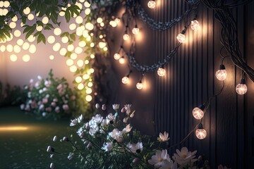 Wall Mural - illustration abstract background of glitter glow fairy lights, string lights with bokeh with flower