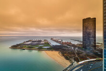 Lake Point Tower, Jardine Water Treatment Plant And Navy Pier, Lake Michigan, Chicago, Illinois, USA