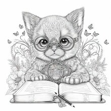  A Cat With Glasses Is Reading A Book With Butterflies Around It And A Butterfly On The Page. Generative AI