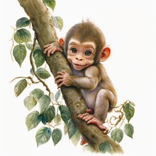  A Monkey Sitting On A Branch With Leaves Around It's Neck And Eyes Open. Generative AI