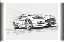  A Drawing Of A Sports Car On A White Background With A Black Frame Around It And A Black And White Picture Of The Car.