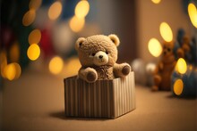  A Teddy Bear Sitting In A Small Box With A String Of Lights In The Background And A Small Teddy Bear Sitting In The Box.