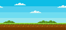 Background Pixel Art. Game Interface Design In 2D Design, Blue Sky, White Clouds, Green Grass On The Ground. Environment Decorations. Vector Illustration Eps 10.