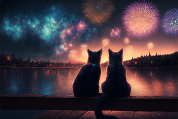 A cat couple watching fireworks together on the New Year´s Eve