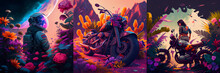 Colorful Illustration Of Bikes And Spaceman Rounded A Flowers