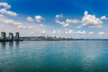 Montreal Cityscape And St. Lawrence River Viewed From Samuel De Champlain Bridge; Montreal, Quebec, Canada