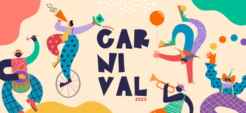 Happy Carnival, Festival and Circus event design with funny artists, dancers, musicians and clowns. Street art, carnival concept design. Colorful background with splashes and confetti 