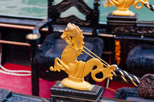 Close-up Detail Of A Gold Seahorse Embellishment On A Gondola; Venice, Veneto, Italy