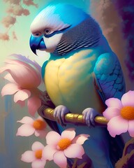 Wall Mural - Bright domestic birds. fluffy, bright, colorful parrots. Macaw, budgerigar