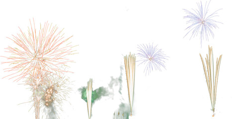 Wall Mural - isolated red yellow purple blue and white fireworks with smoke overlay