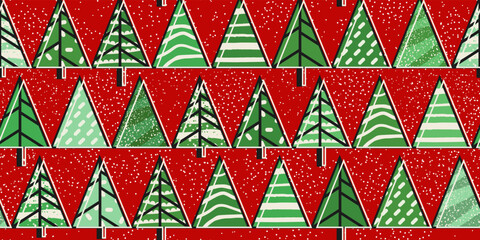 Poster - Red background and Christmas trees for stylish illustration. Printing pattern for wallpaper and seamless surfaces.