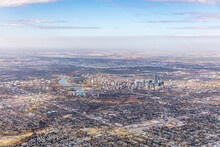Aerial View Of The City Of Edmonton, Alberta Canada And The Distant Horizon To The Northwest; Edmonton, Alberta, Canada