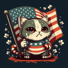 A Patriotic Cat Dressed In The Colors Of The American Flag On The Background Of The American Flag, Created By A Neural Network, Generative AI Technology