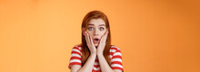 Close-up Shocked Speechless Redhead Woman, Drop Jaw Gasping, Touch Cheeks Embarrassed Shook, Look Pity Shame, Stare Camera Astonished, Surprised Hear Disturbing News, Orange Background