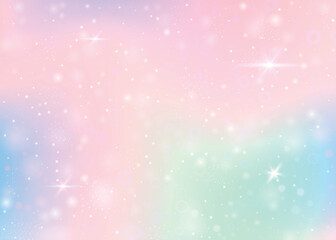 Wall Mural - Holographic background with rainbow mesh. Girlish universe banner in princess colors. Fantasy gradient backdrop with hologram. Holographic unicorn background with fairy sparkles, stars and blurs.