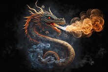 Illustration Of A Fantastical Chinese Flying Dragon Spouting Fire, Complete With Traditional Chinese Hieroglyphic Characters. Generative AI